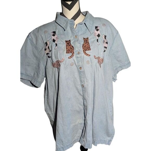 Passion 3X Embroidered Cat Denim Shirt - Picture 2 of 8